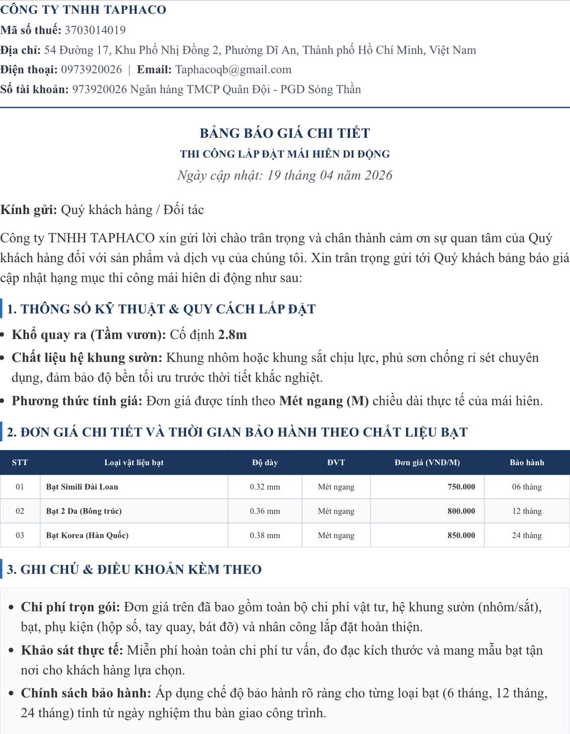 Bảng giá mái hiên quay tay TPHCM của TaPhaCo mới nhất
